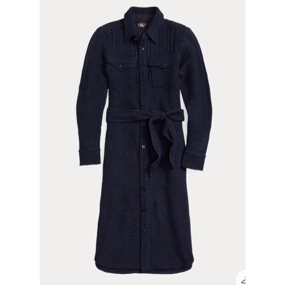 RRL Ralph Lauren Double RL Wool Cotton Belted Sweater Dress Size 2 S Blue $895